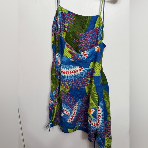 FARM RIO XS Mini Wrap Dress Blue Macaw Print 100% linen Super Cute! - Picture 9 of 10